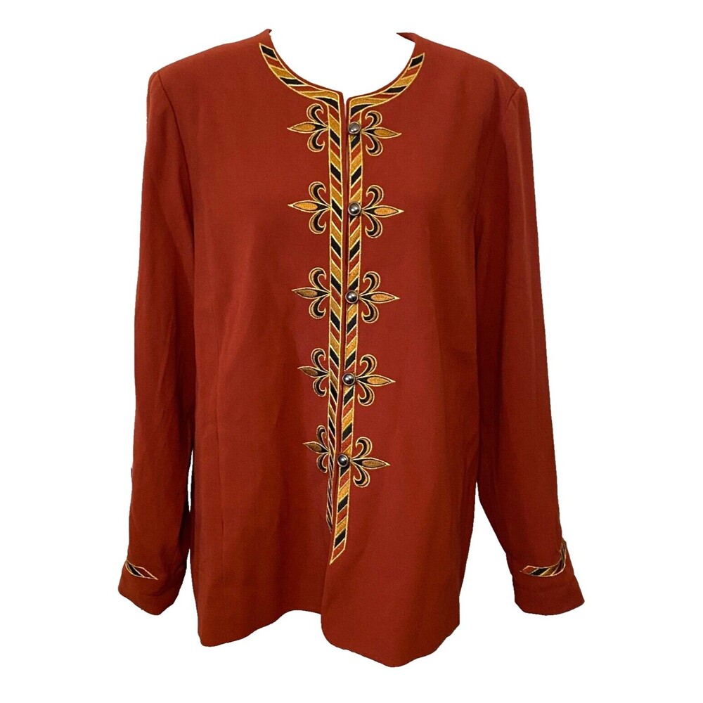 BOB MACKIE Wearable Art Women's L Blazer Jacket Fleur de Lis Burnt Orange Gold